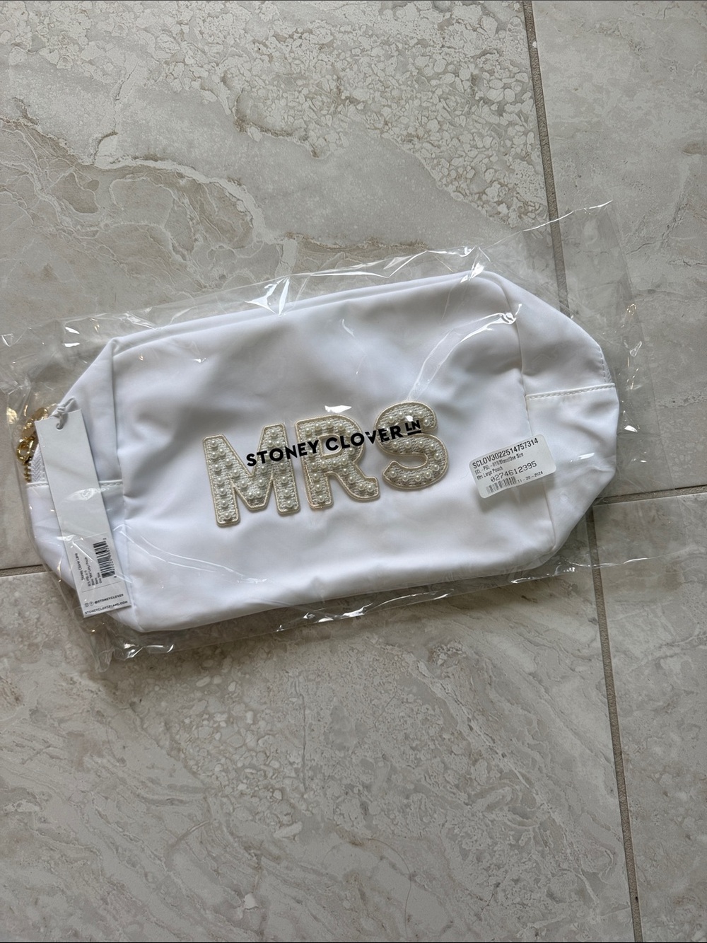 Stoney Clover Lane White "MRS" Pearl Appliqué Cosmetic Bag